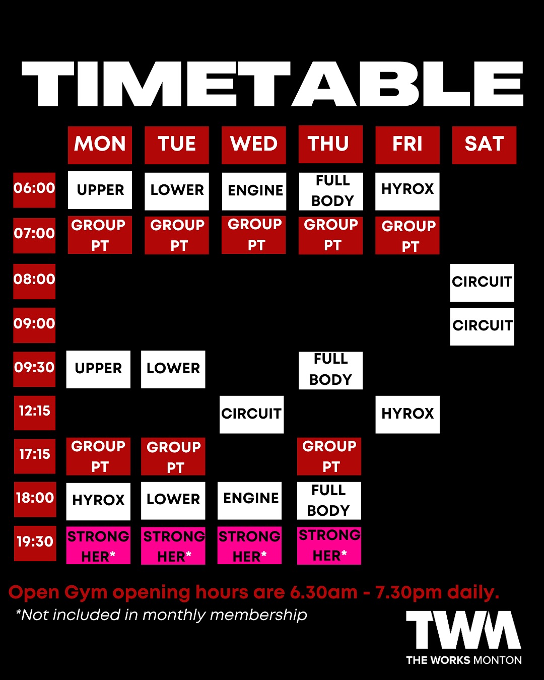 The Works Monton weekly class timetable
